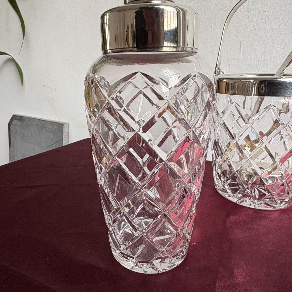 Vintage Crystal Cocktail Set with Shaker and Ice Bucket
