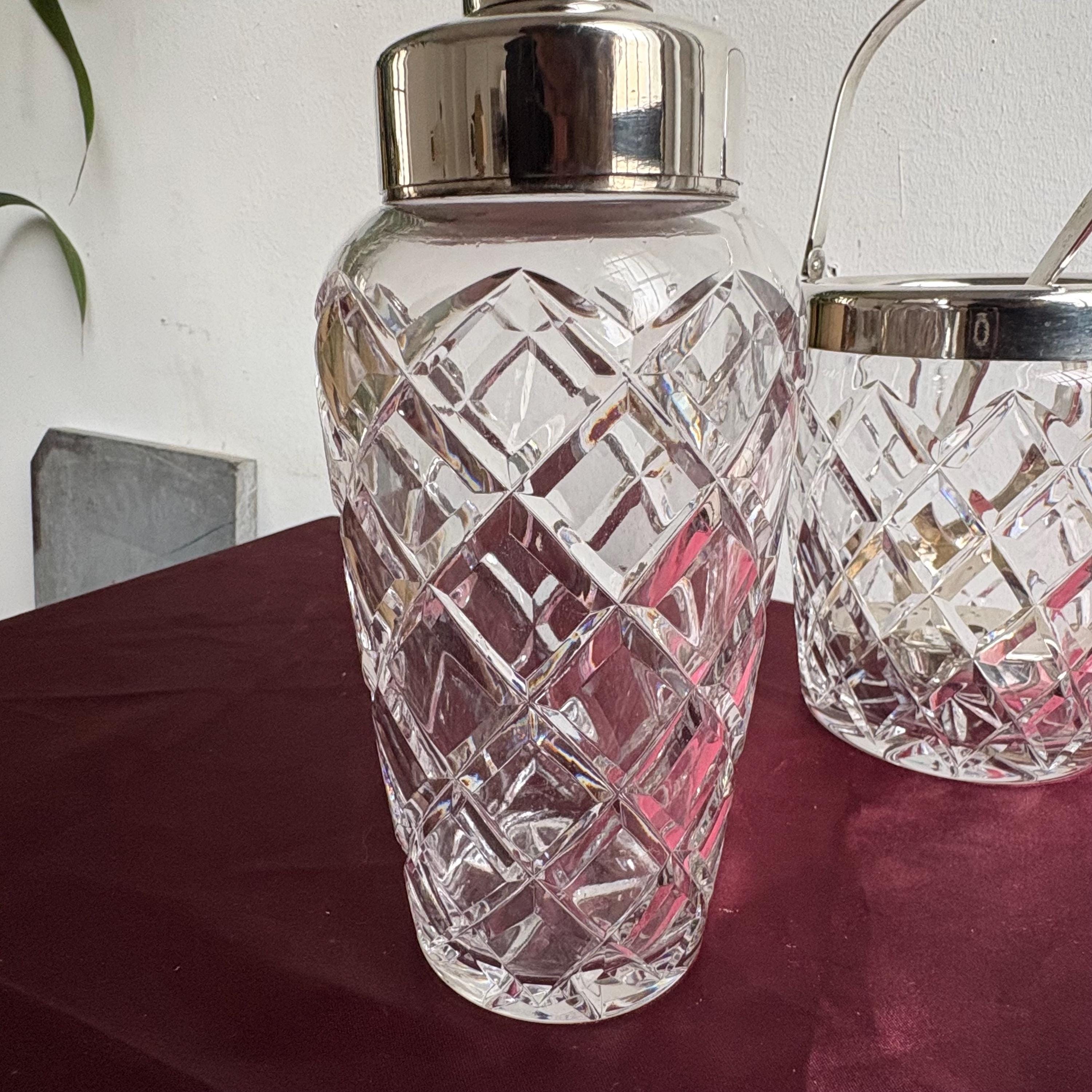Vintage Crystal Cocktail Set with Shaker and Ice Bucket