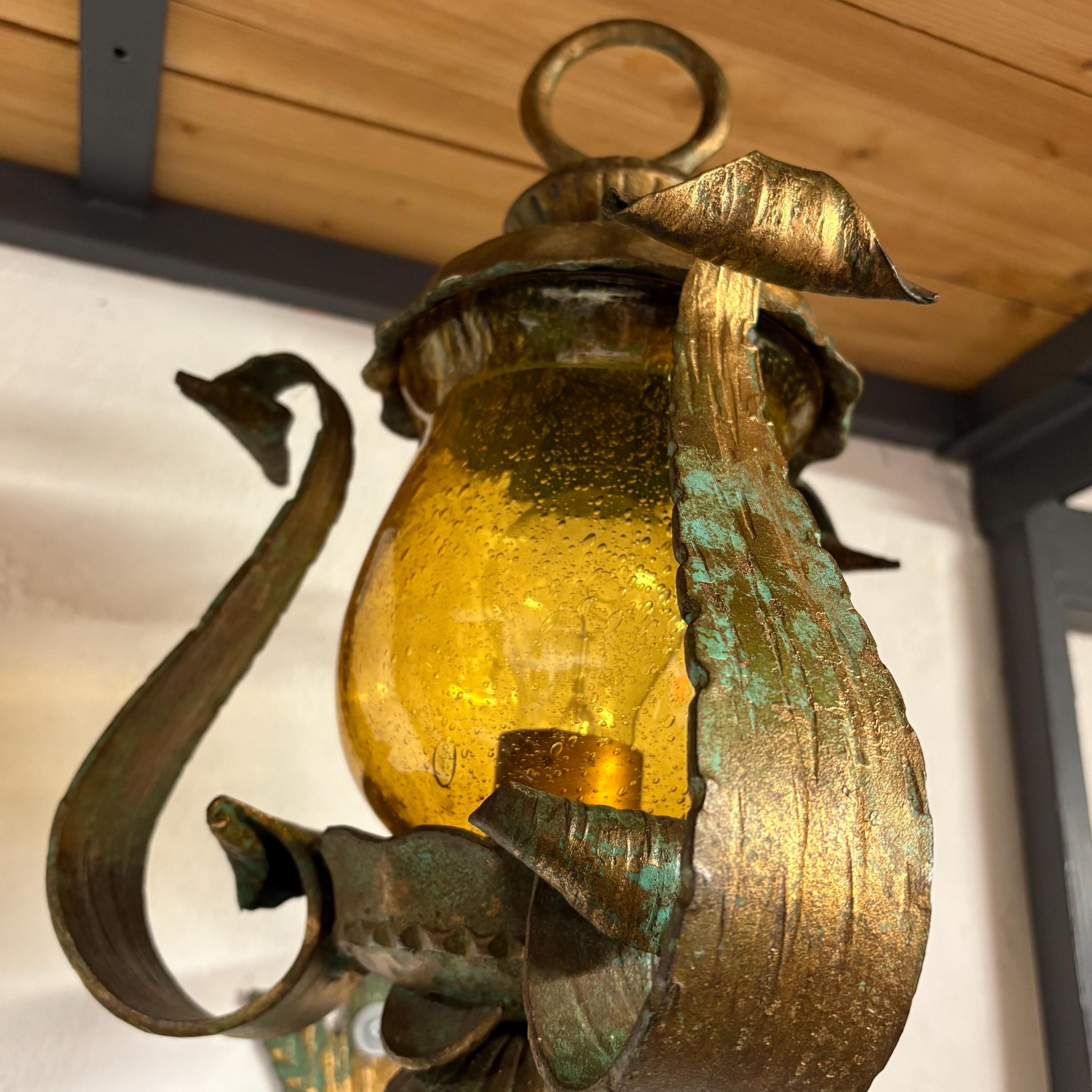 Vintage Wrought Iron Lantern with Blown Glass