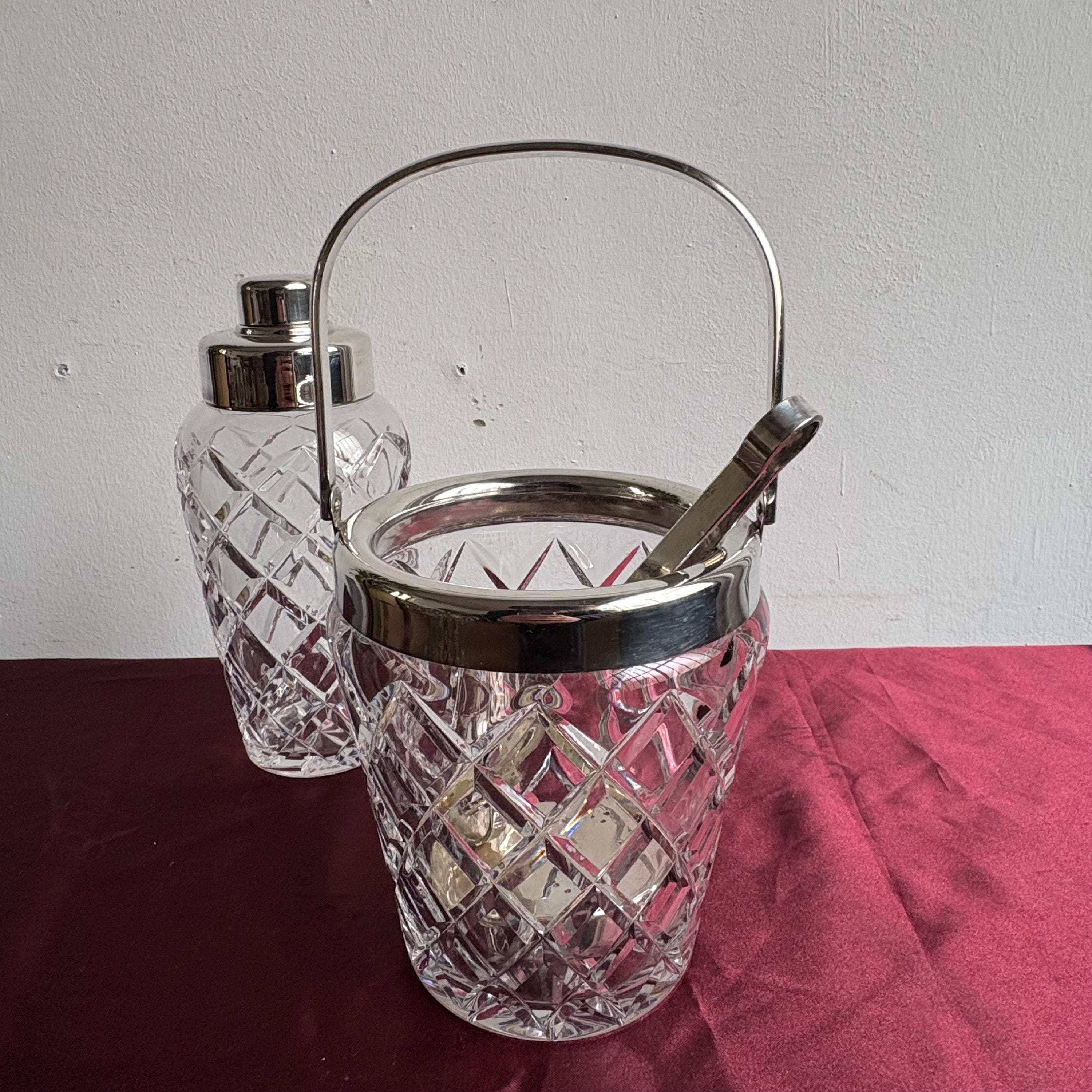 Vintage Crystal Cocktail Set with Shaker and Ice Bucket
