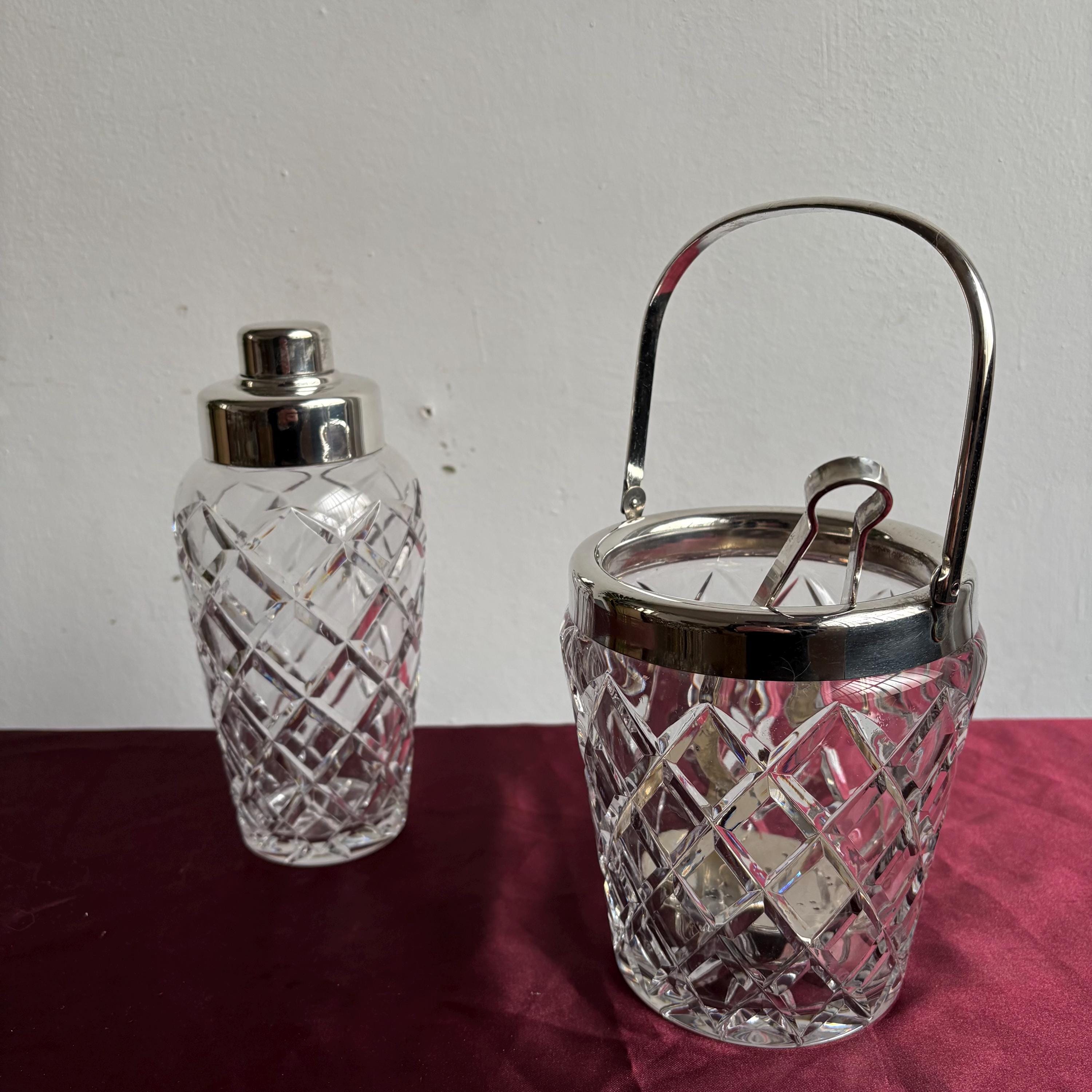 Vintage Crystal Cocktail Set with Shaker and Ice Bucket