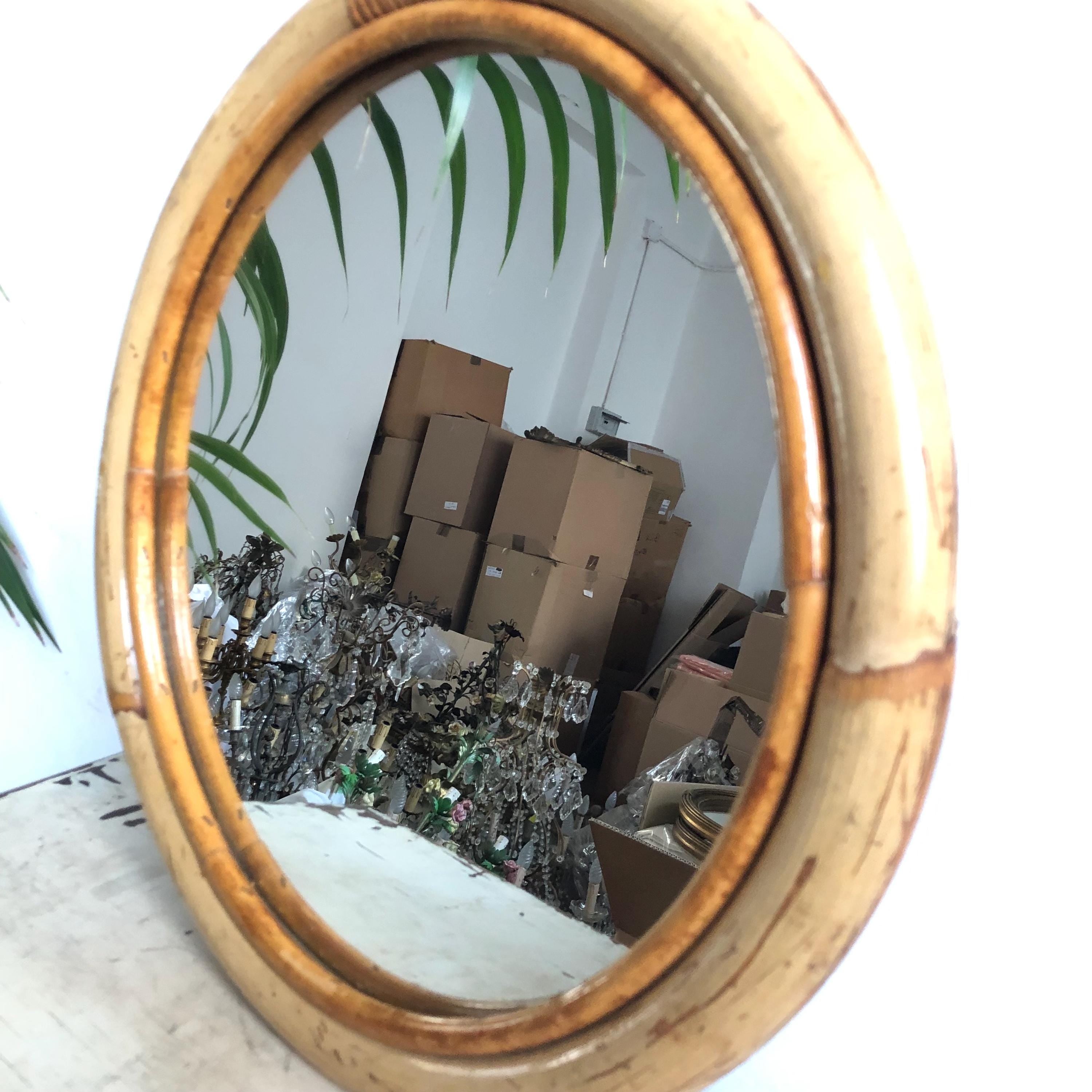 Vintage Rounded Bamboo Mirror