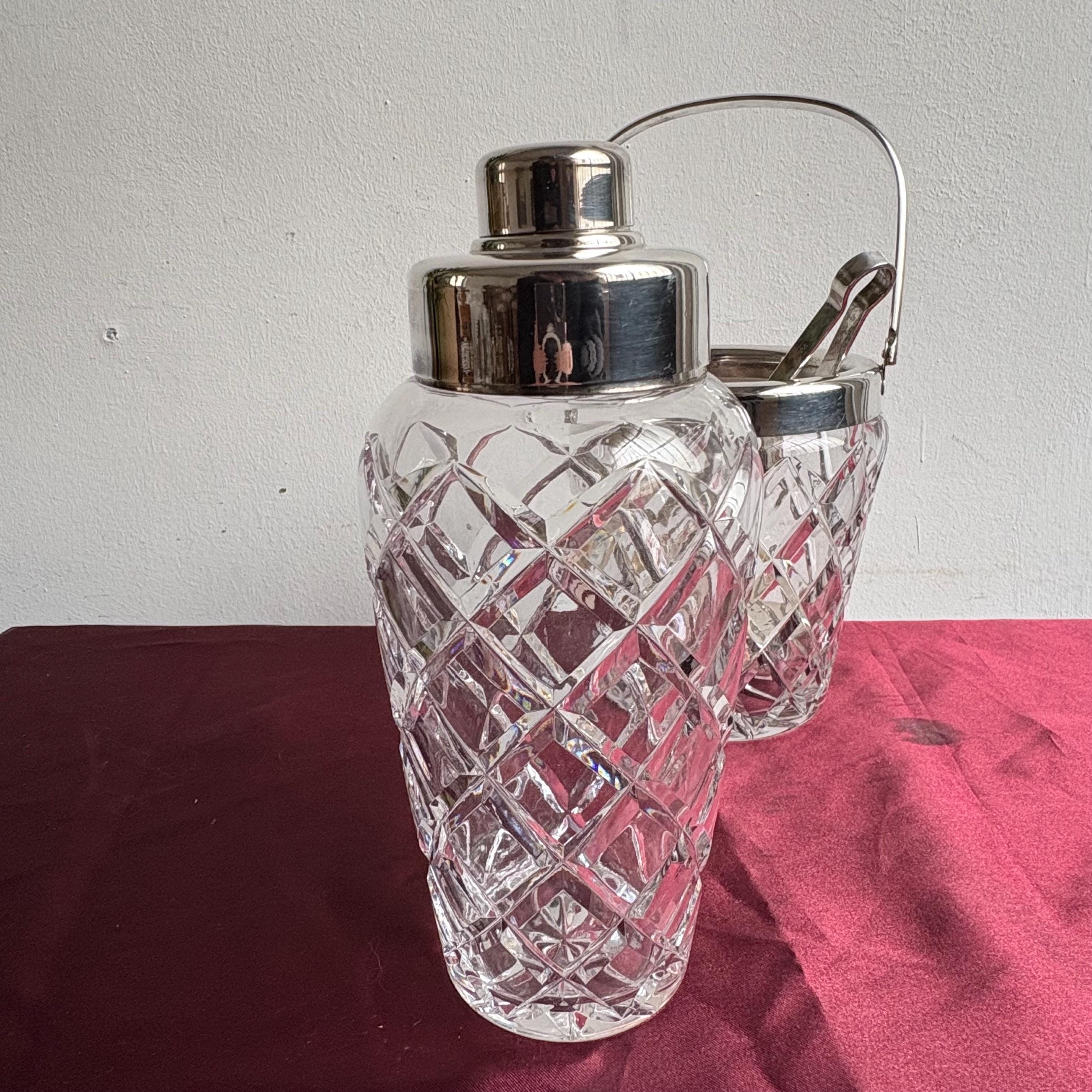 Vintage Crystal Cocktail Set with Shaker and Ice Bucket