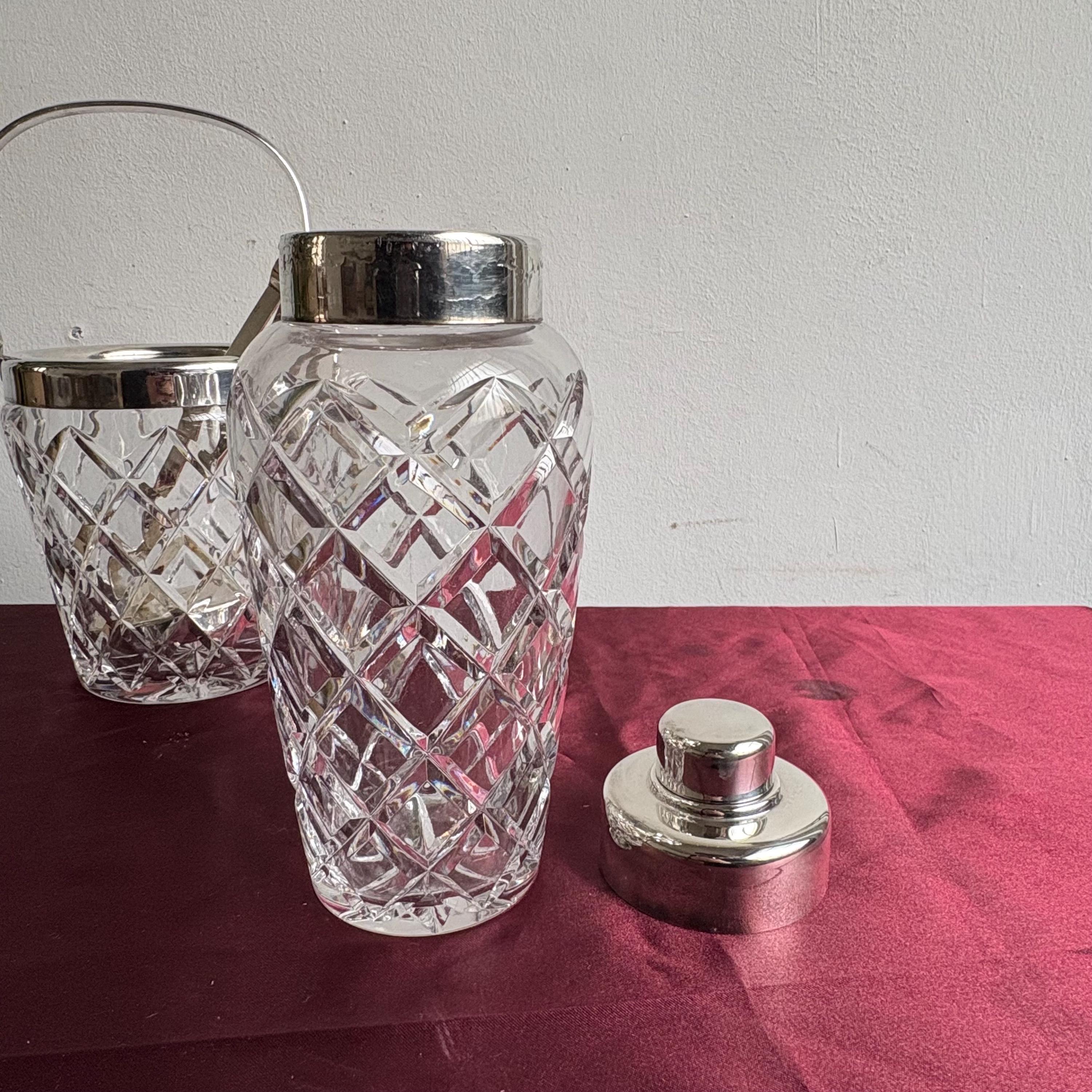 Vintage Crystal Cocktail Set with Shaker and Ice Bucket