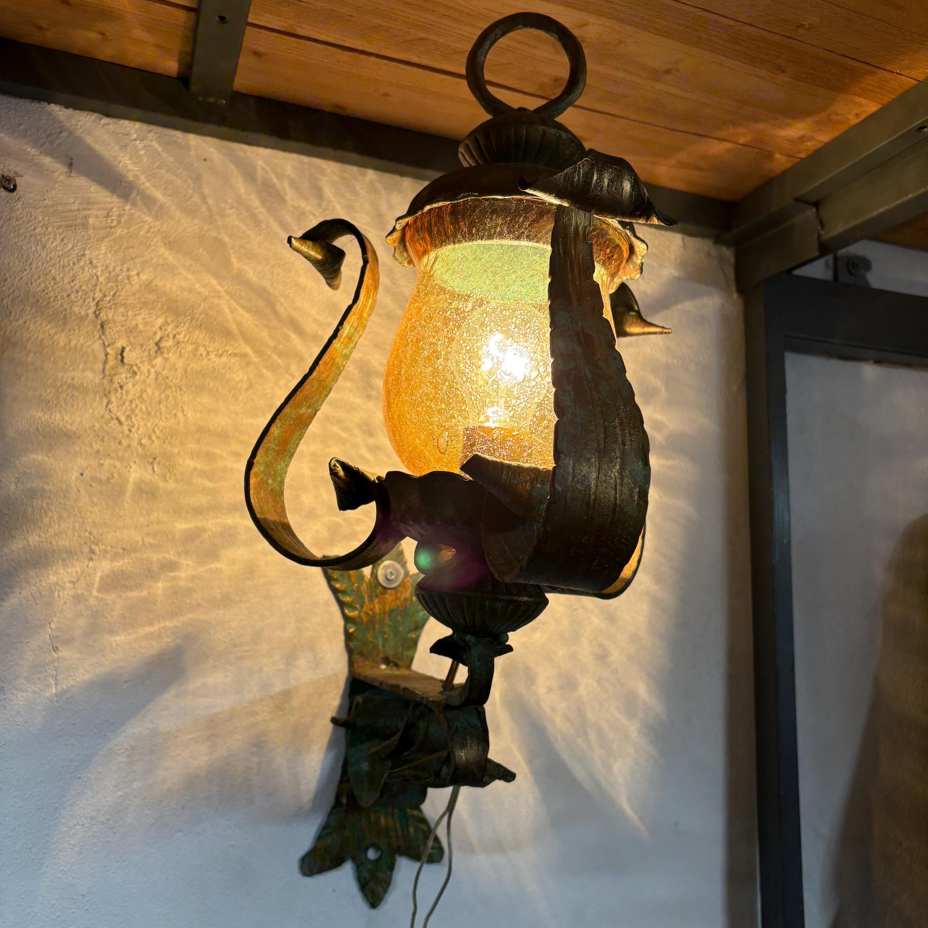 Vintage Wrought Iron Lantern with Blown Glass