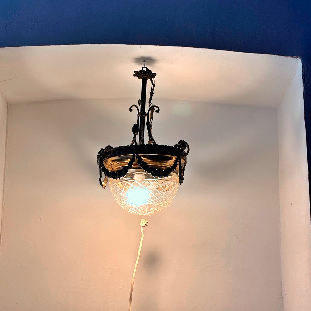 Vintage Pendant Light, Bronze and Glass