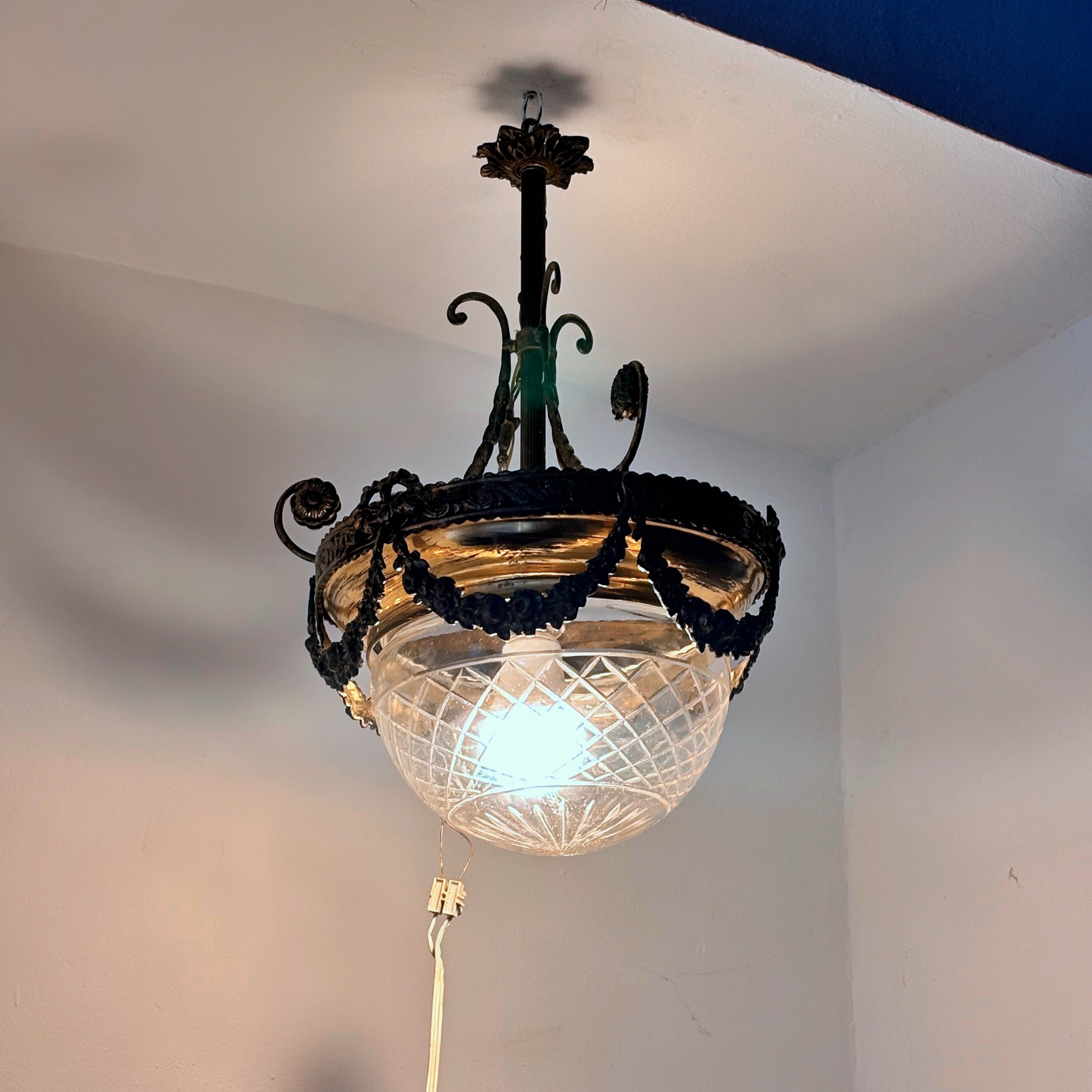 Vintage Pendant Light, Bronze and Glass