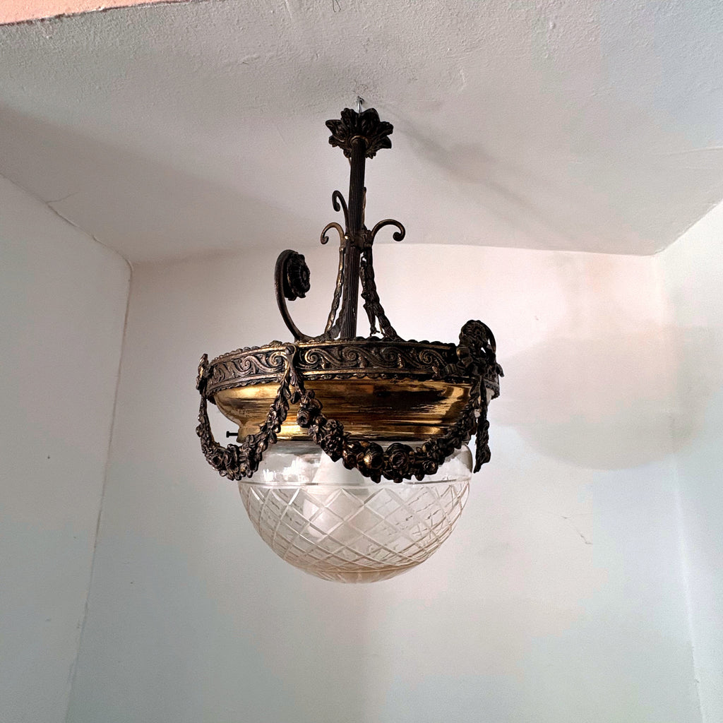 Vintage Pendant Light, Bronze and Glass