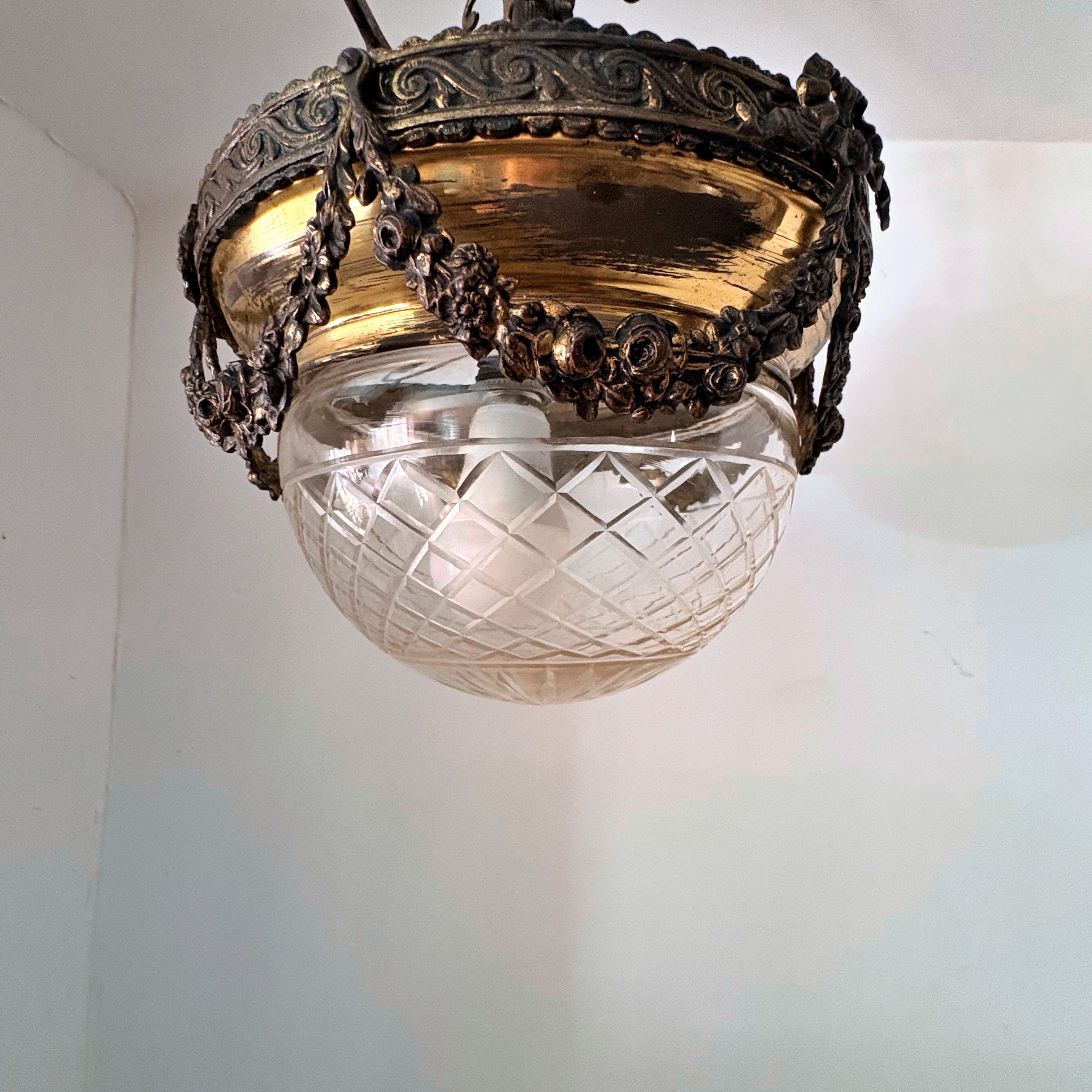 Vintage Pendant Light, Bronze and Glass