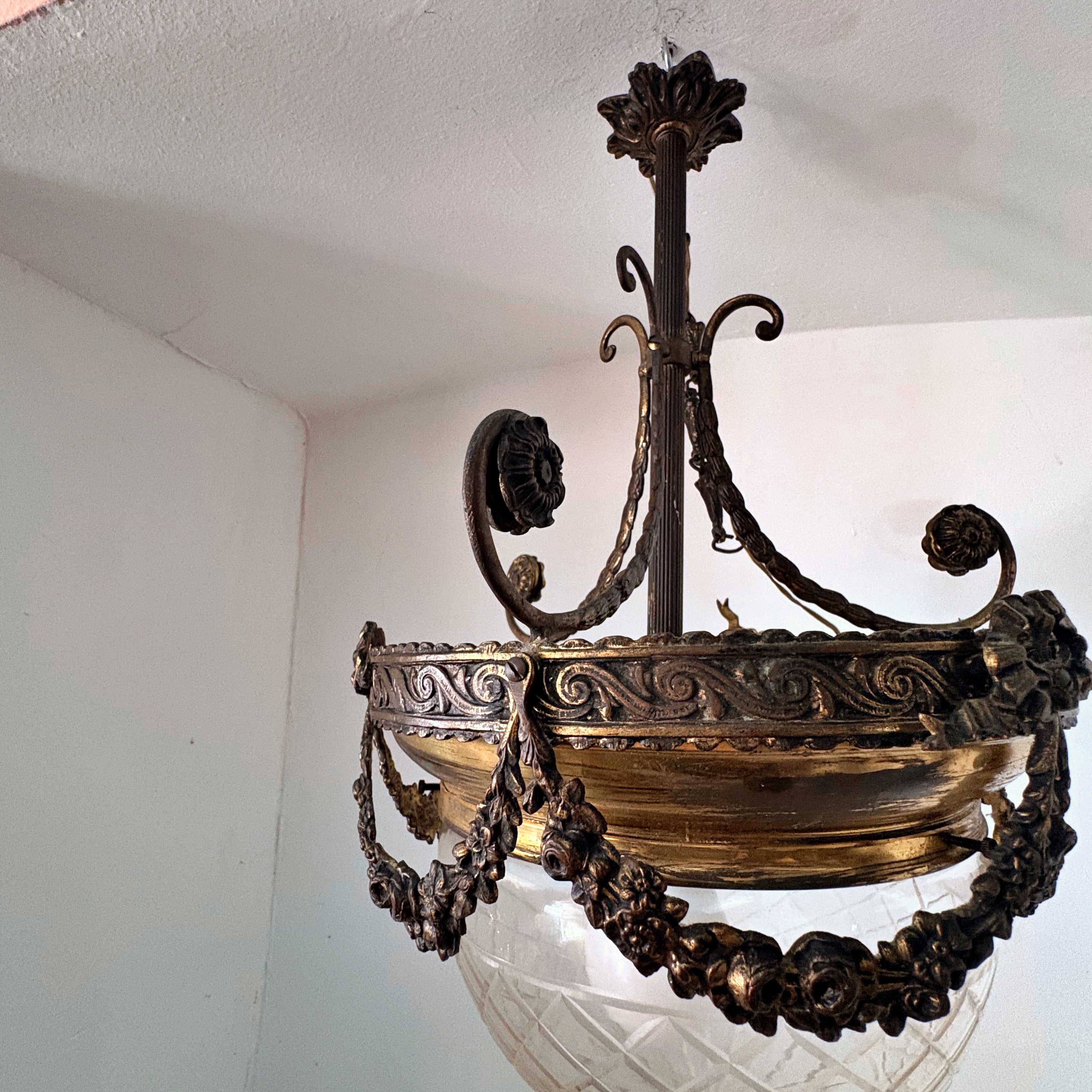 Vintage Pendant Light, Bronze and Glass