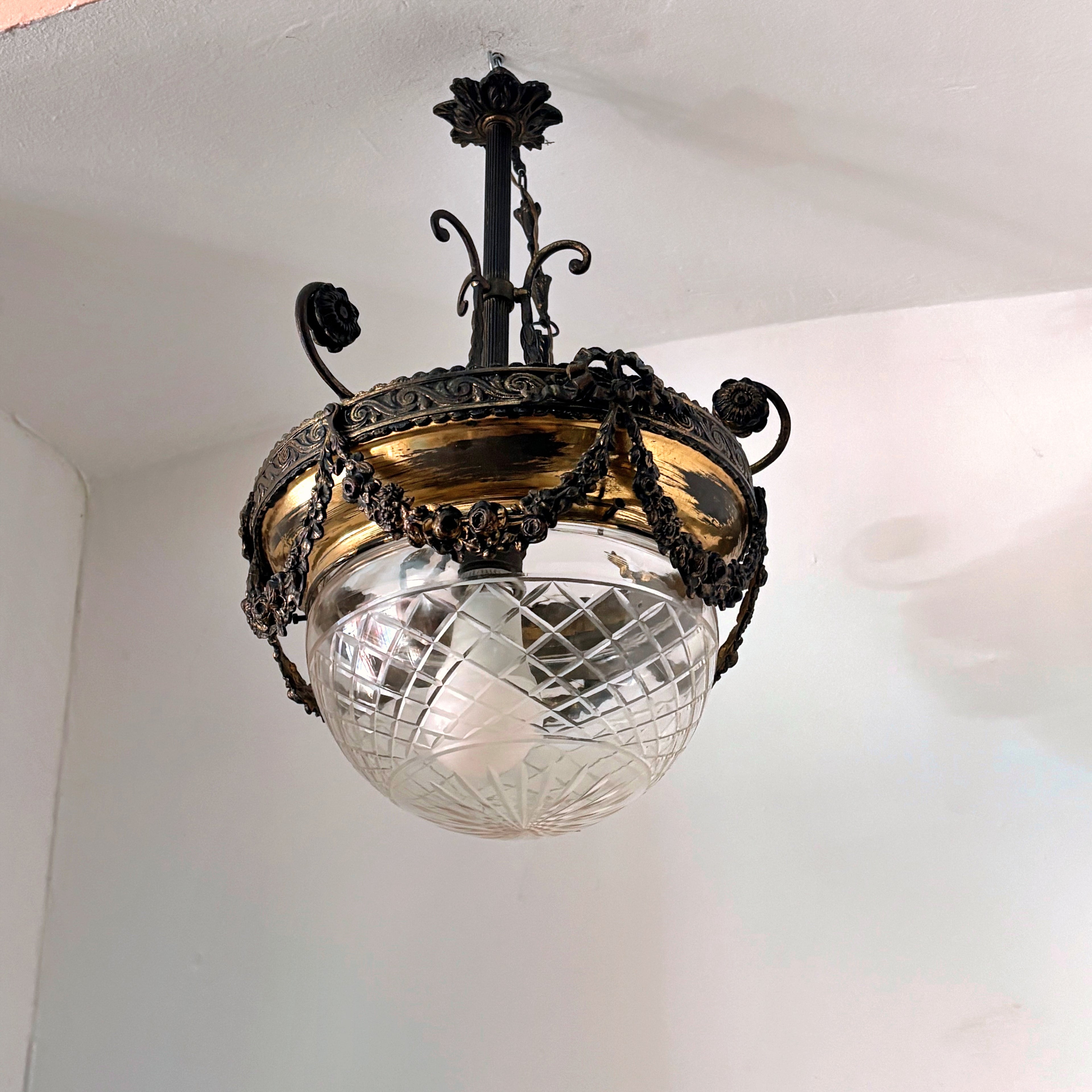 Vintage Pendant Light, Bronze and Glass