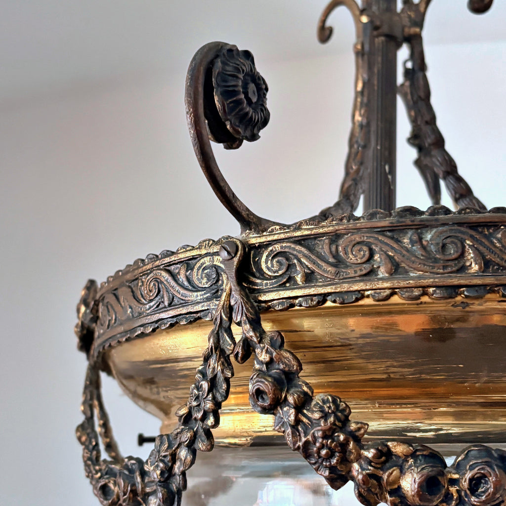 Vintage Pendant Light, Bronze and Glass
