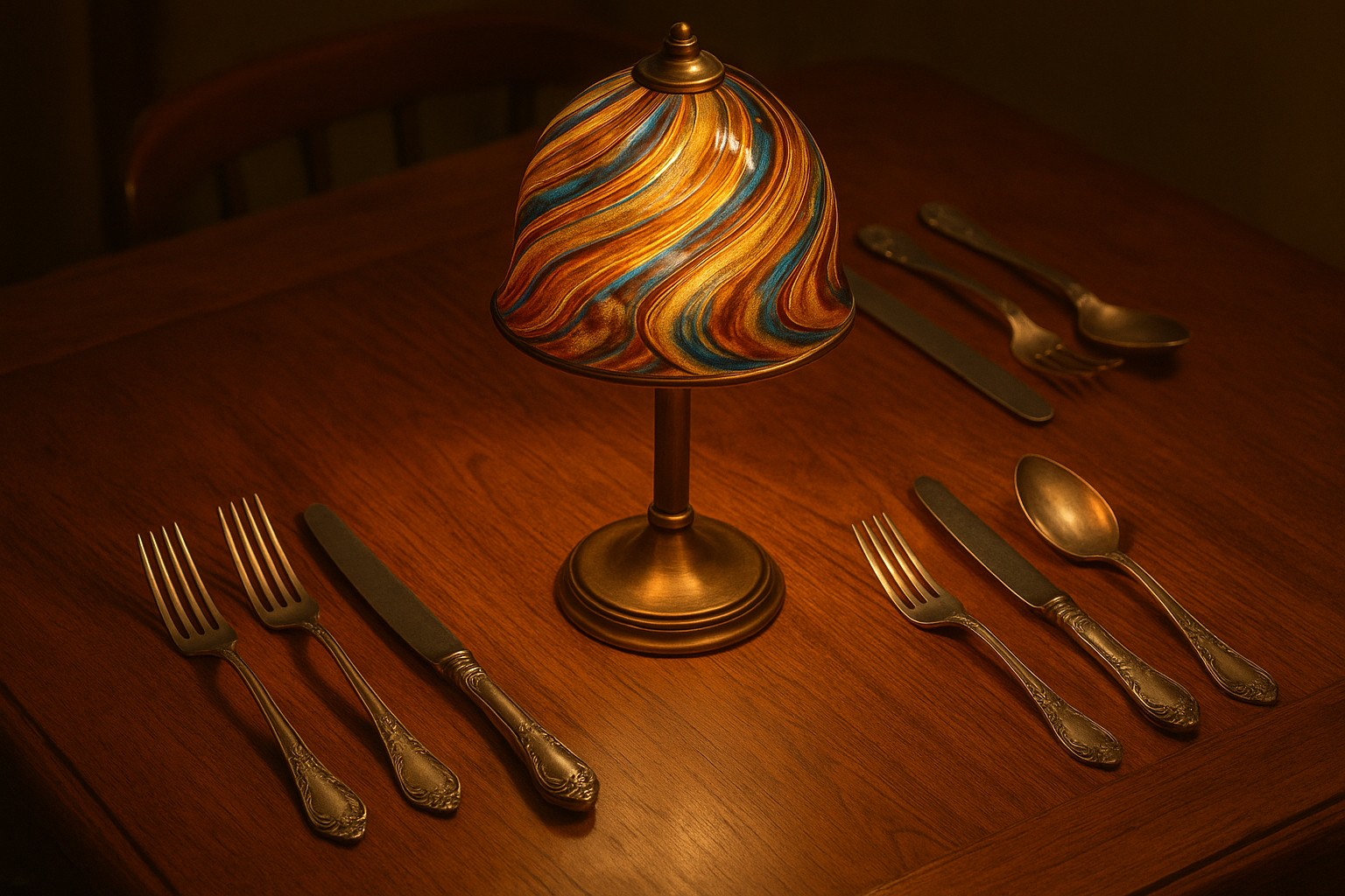 vintage table with silverware, a tablelamp of murano glass, retro inspired